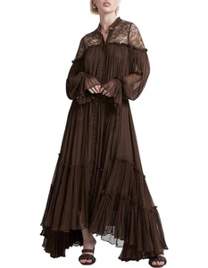AJE Veil Smock Lace Dress AU 8-10 US 4-6 Brown Lace Volume Long Sleeve Maxi Gown - Picture 1 of 12