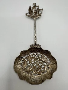Vintage Olandese Barca a Vela Reticolato Bird Bon Bon Nut Argento Cucchiaio Scoop Server - Foto 1 di 8