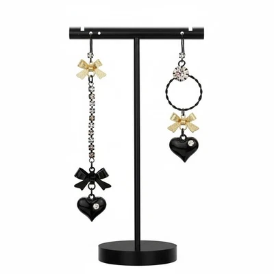 Betsey Johnson Mismatch Bubble Heart Earrings Black Plated Metal Crystal Accents - Image 1 of 4