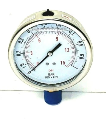 Gauge 4" Face S/S Case 1 Bar & 15 PSI 1/4" NPT Bronze LM Liquid Filled <300ER21 - Image 1 of 2