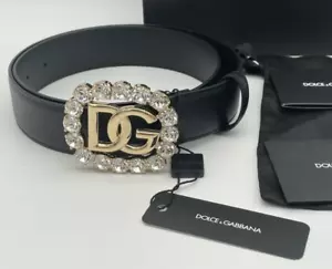 NUOVA CINTURA IN PELLE NERA DG CON LOGO DOLCE & GABBANA LOGO IN CRISTALLO $900 85 NUOVA CON ETICHETTE!! - Foto 1 di 15