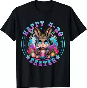 Happy 420 Easter Bunny Smoking Weed Funny Men Women T-Shirt - Picture 1 of 5