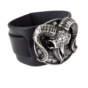 Alchemy Gothic Gears of Aiwass Black Leather Wristband Bracelet Ram Skull Punk - Picture 1 of 5