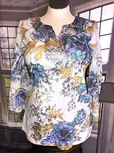 Jm Collection S NWT Blooming Sketch Brush Floral Embellished Top Blouse V $47 - Picture 1 of 12