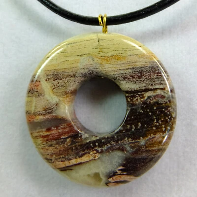 Tan & Brown Striped Agate 1 1/4 inch Stone Donut 19" Leather Cord Necklace #83 - Image 1 of 4