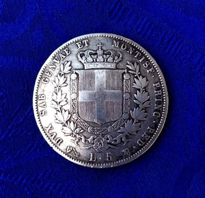 MONNAIE ANCIENNE 5 lire ARGENT 1851 P VICTOR EMMANUEL II SARDAIGNE ITALIA - Picture 1 of 3
