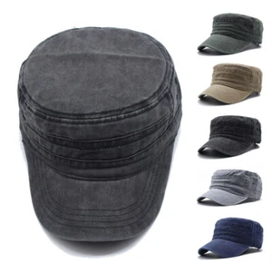 Washed Cotton Military Caps Cadet Army Hat Adjustable Flat Top Headgear Vintage - Picture 1 of 20