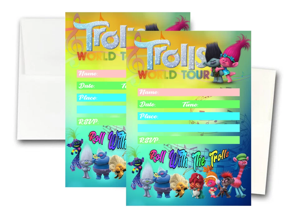 12 tarjetas de invitación de cumpleaños TROLLS WORLD TOUR (12 sobres blancos incluidos) Foto 1 de 1