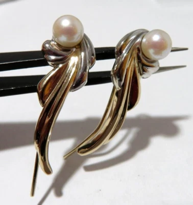 14K 2TONE PEARL DROP EARRINGS   5.09 grams (A19594) - Image 1 of 4