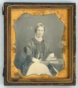 Woman Seated Beside Books (1/6 Plate Daguerreotype) - Picture 1 of 2