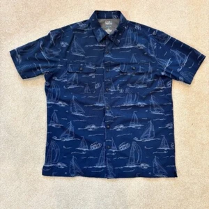 Croft & Barrow Quick Dry Casual Button Down Navy Blue Sailboat Print - Size L - Picture 1 of 6