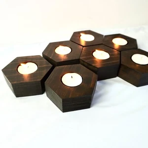 Portacandele tea light esagonale x 6 legno scuro cipresso artigianale decorazione - Foto 1 di 7