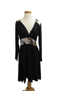 Molly New York Dress Size Medium Black Colorful Panels Long Sleeves Self Belt - Bild 1 von 5
