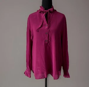 J.Crew 100% Silk Blouse Top Sz 4 Long Sleeve Bow Tie Magenta Professional Career - Picture 1 of 14