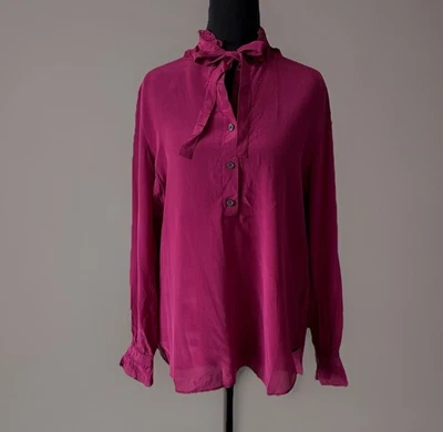 J.Crew 100% Silk Blouse Top Sz 4 Long Sleeve Bow Tie Magenta Professional Career - Image 1 of 4