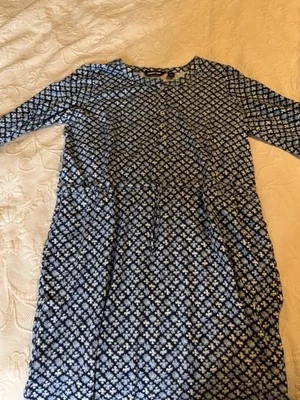 Lands End 连衣裙女式中号小号蓝色花卉口袋抽绳腰围 — 第 1/4 张图片