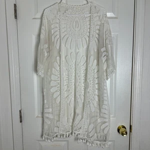 Everleigh Damen-Kimono weiß Spitze Blumen tropisch Urlaub Strand lang Größe 1X - Bild 1 von 6