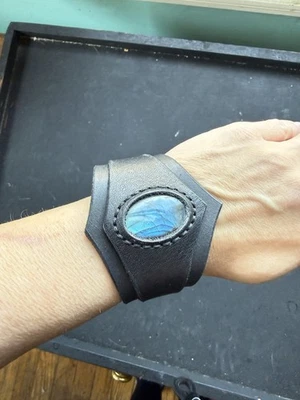 Leather Cuff Bracelet Labradorite Stone Big Cuff Bracelet Cosplay Jewel Handmade - Image 1 of 4