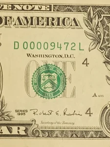 1995 $1 D CLEVELAND BEP D-L BLOCK LOW SERIAL NUMBER 4 ZEROS IN FRONT(D00009472L) - Picture 1 of 8