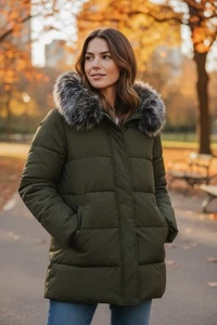 INTREND Quilted Coat Fur Trim Hood Insulated Jacket Women's Green Size 6 /M - Picture 1 of 11