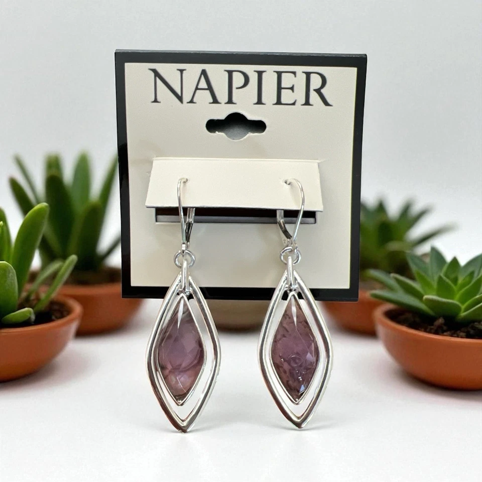 Napier 2 1/8" Silvertone/Purple Dangle Earrings-NWT - Image 1 of 1