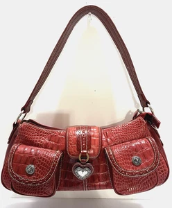 Vintage rot Echtleder Kroko-Prägung Schultertasche Herz Anhänger Umhängetasche Handtasche - Bild 1 von 12