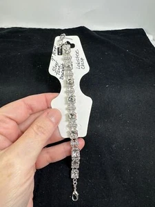 Bracciale 7" Grande Fibbia Aragosta Strass Vintage Argento M-7062 - Foto 1 di 2