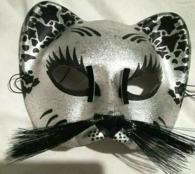 MASK MASCHERA GATTO CAT ARGENTO NERA BAFFI DONNA UOMO VENEZIANA Masquerade Fanc - Immagine 1 di 4