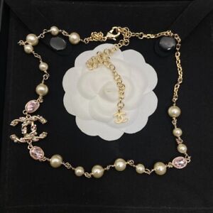 Chanel Pearl Necklace Pink crystal diamond double CC pendant