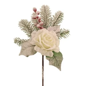 Weiße Rose Kiefer Spray mit Schnee 30cm Weihnachten Pick Laub Floristik festlich - Bild 1 von 7