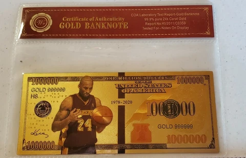24K Gold Kobe Bryant #24 LA Lakers Banknote $Million w/certificate of Authentic Cover