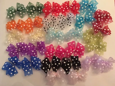 HANDMADE BY MYSELF IN THE USA 30 sm chiffon w polka dots dog bows dbl looped lightweight USA pet grooming Bows