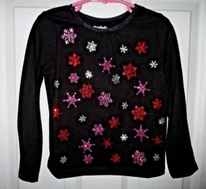 girls winter holiday top size 4T black with red pink silver snowflakes sparkle - Picture 1 of 6