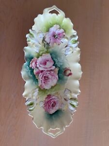 Oznakowany RS Prusy Porcelanowy talerz selerowy Kwiatowy ręcznie malowany 12x6"