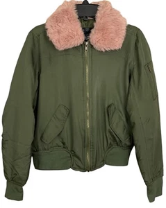 Dollhouse Juniors Sz-14/16 Green Khaki Bomber Jacket/Pink Faux Fur Collar Zip Up - Picture 1 of 9