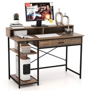 Industrial Computer Desk Writing Workstation w/Storage Drawer and 2 Open Shelves - Picture 1 of 10
