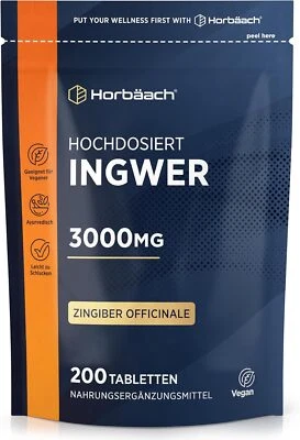 HORBÄACH Ingwer Tabletten – 200 Stück – 3000 mg Tagesdosis – vegan - hochdosiert