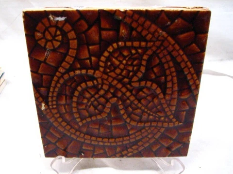 Early Majolica Glazed Ceramic Tile Art Nouveau Brown Leaf Ornate Mosaic Scroll L Cover