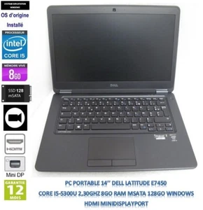 Portable 14'' DELL E7450 I5-5300U 2,30GHz 8Go mSata128 Windows Webcam HDMI mDP - Photo 1/12