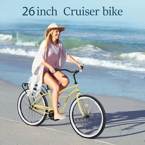 Women's Beach Bike Single Speed Bicycles Steel Frame 26" Rear Brakes Yellow - Picture 1 of 5