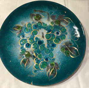 Sascha Brastoff Enamel on Copper 11.75” Wall Plate Turquoise Gold Green Grapes - Picture 1 of 9