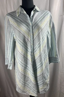 Camisa CHICO'S Rayas Lino Sin Hierro Top Talla 2.5 L Abotonada Aqua Neutra Costa Foto 1 de 4