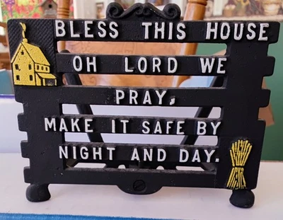 VTG BLACK CAST IRON METAL NAPKIN HOLDER "BLESS THIS HOUSE OH LORD WE PRAY" Foto 1 de 3