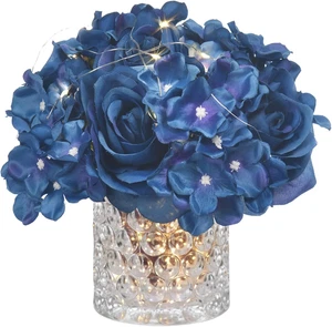 Arreglo floral de seda rosa artificial rosa viva en florero de vidrio con luz LED  - Imagen 1 de 12