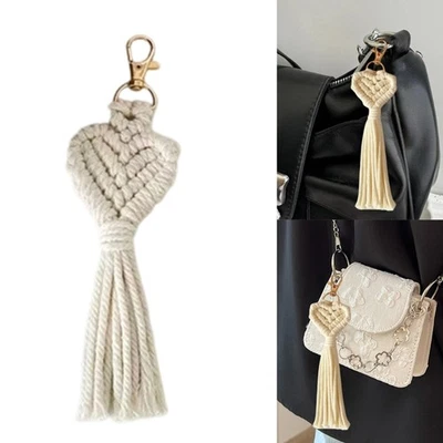 Crocheted Keychain Handwoven Heart Tassels Key Holder with Lobster Claws Clip - Image 1 of 4