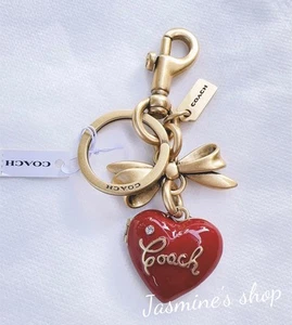 NWT Coach Bow Heart Locket Bag Charm Keychain Key Fob CZ276 Brass / Ruby Red - Picture 1 of 8