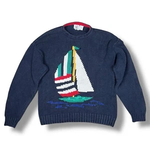 Vtg 90’s Nautical Sailboat Knit Sweater Classic Blue Ralph Lauren Style Sz XL - Picture 1 of 5