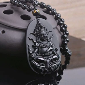 Cristal Natural Negro Obsidiana el Dios de la Riqueza Collar Colgante con Cadena - Imagen 1 de 5