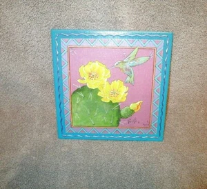 90s Vtg Hummingbird Cactus Pottery Tile Painted Ceramic Wall Art Tile Trivet - Picture 1 of 7