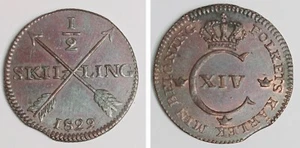Sweden 1829 1/2 Skilling CLIPPED ERROR *🌈Rainbow Toned* - Picture 1 of 8
